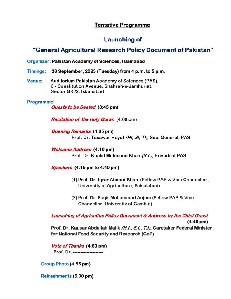 Launching of the “General Agricultural Research Policy Document of Pakistan”